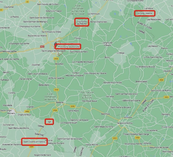 Partie ouest de la province de Perche avec, marqués en rouge, ses 5 principaux villages migratoires vers la Nouvelle-France.