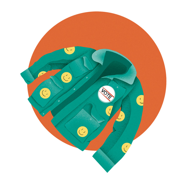 Illustration of a green jacket with smiley faces dotted throughout and a Vote sticker on the left lapel.